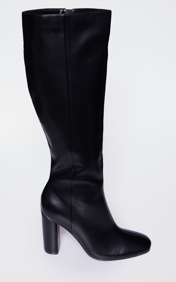Black PU Round Block Heel Knee High Boots