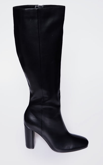 Black PU Round Block Heel Knee High Boots