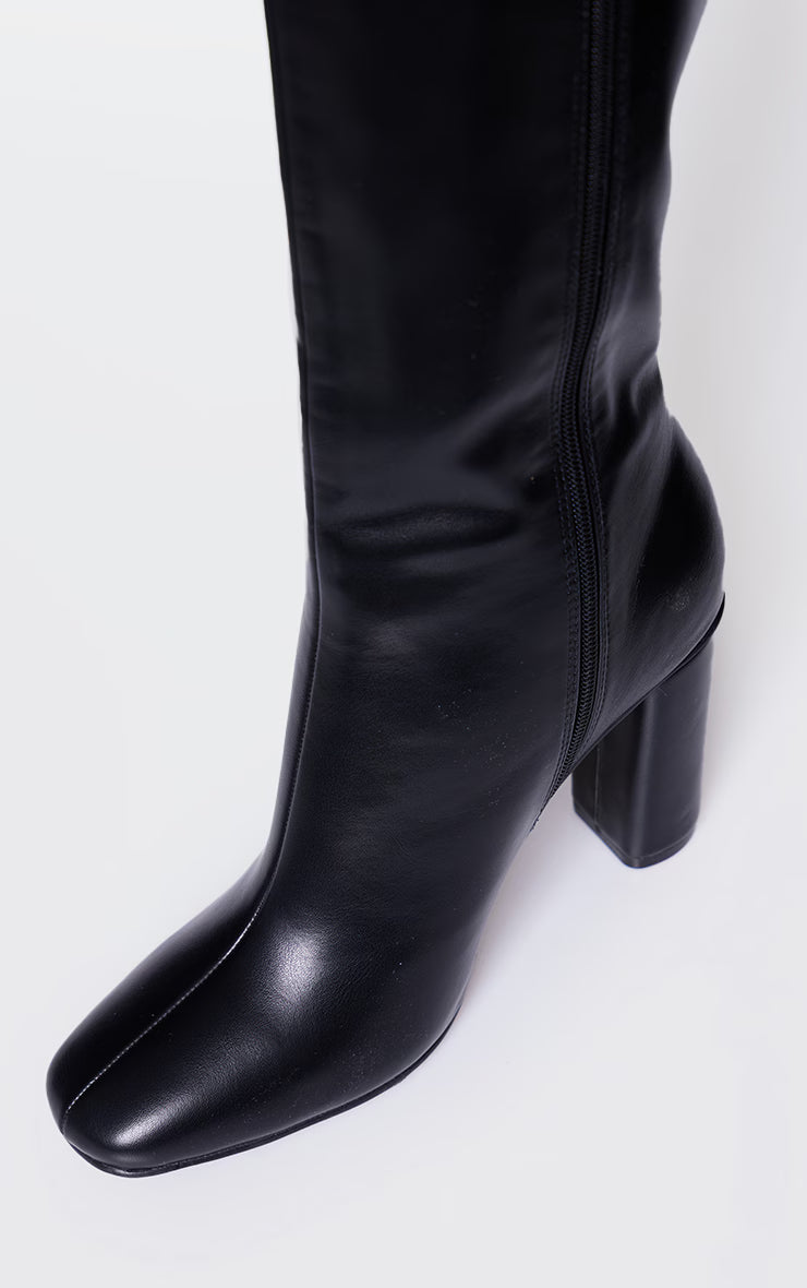 Black PU Round Block Heel Knee High Boots