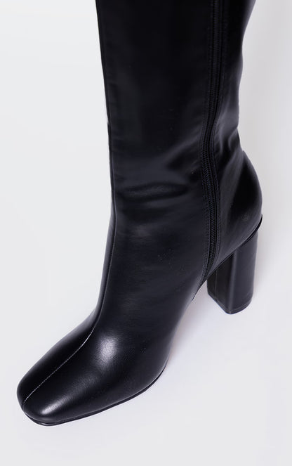 Black PU Round Block Heel Knee High Boots